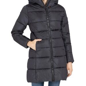 Save The Duck Taylor Long Quilted Puffer Coat in Dark Gray/Black Women’s Size S